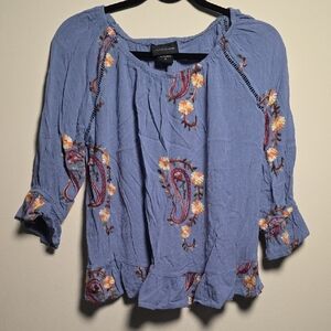 Orange and Blue Ruffled Blouse with Elasticized Neckline